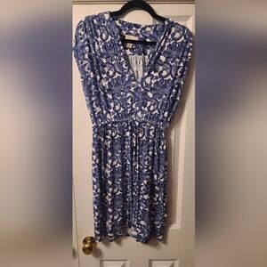 LOFT Navy and White Patterned Midi Dress